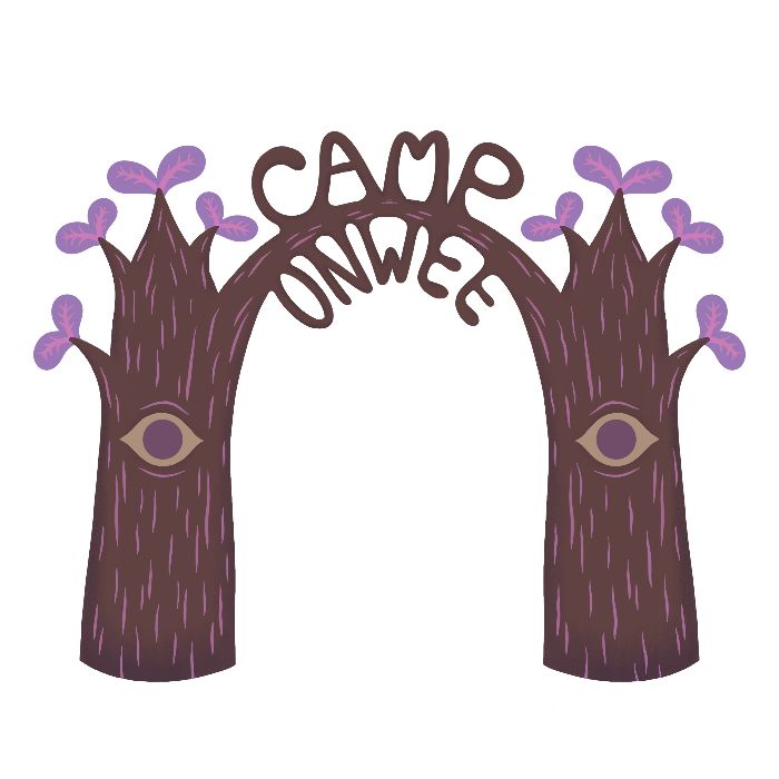 Camp gate with two living trees with jointed branches that spells out CAMP ONWEE